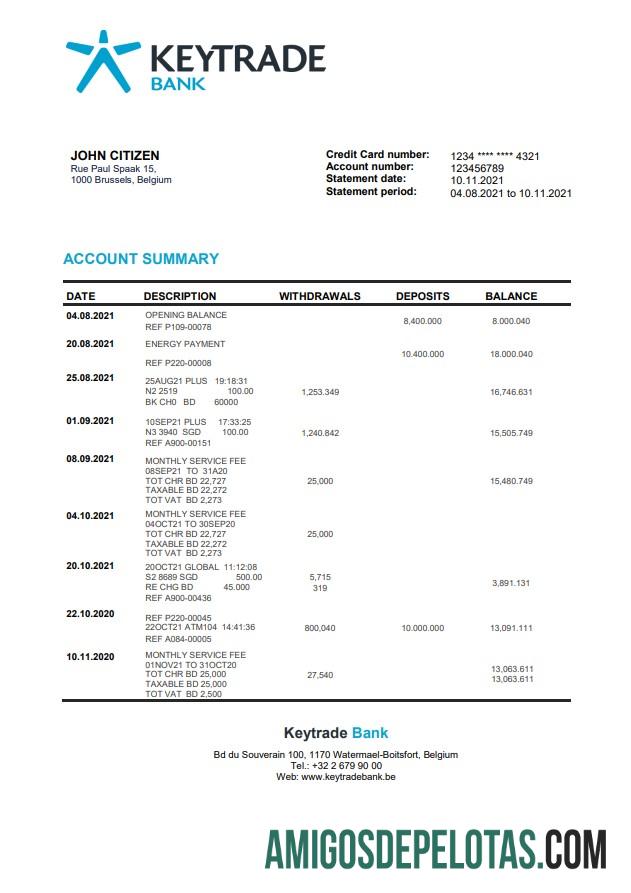 Belgium Keytrade modelo de extrato bancário